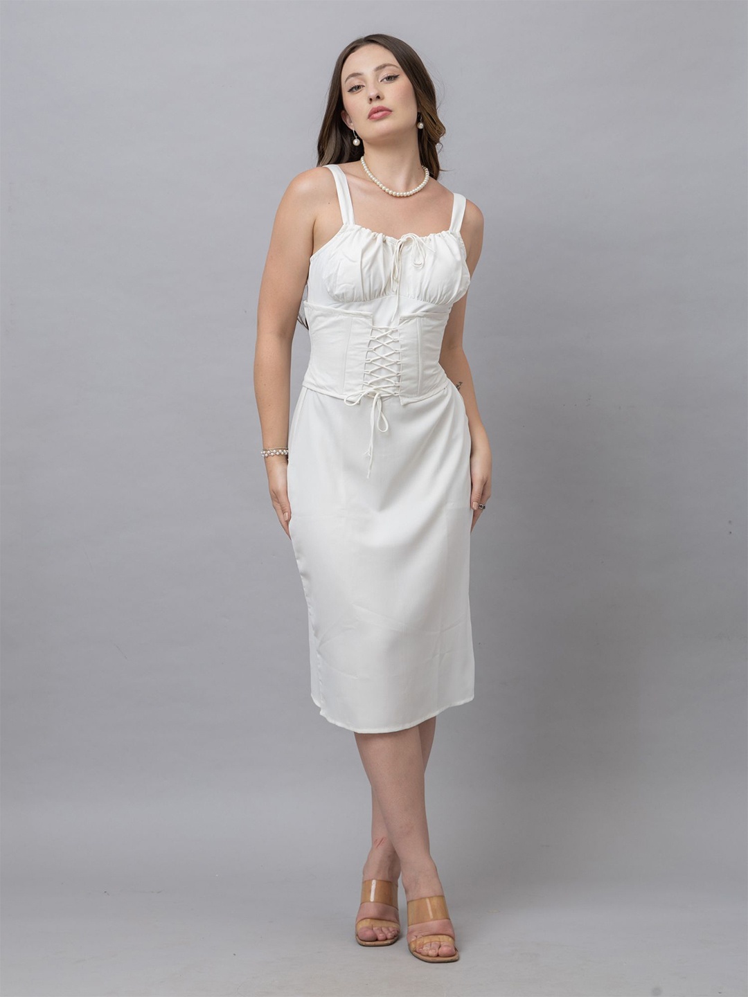 

HAUTEQUE Shoulder Straps Tie-ups Sheath Midi Dress, White