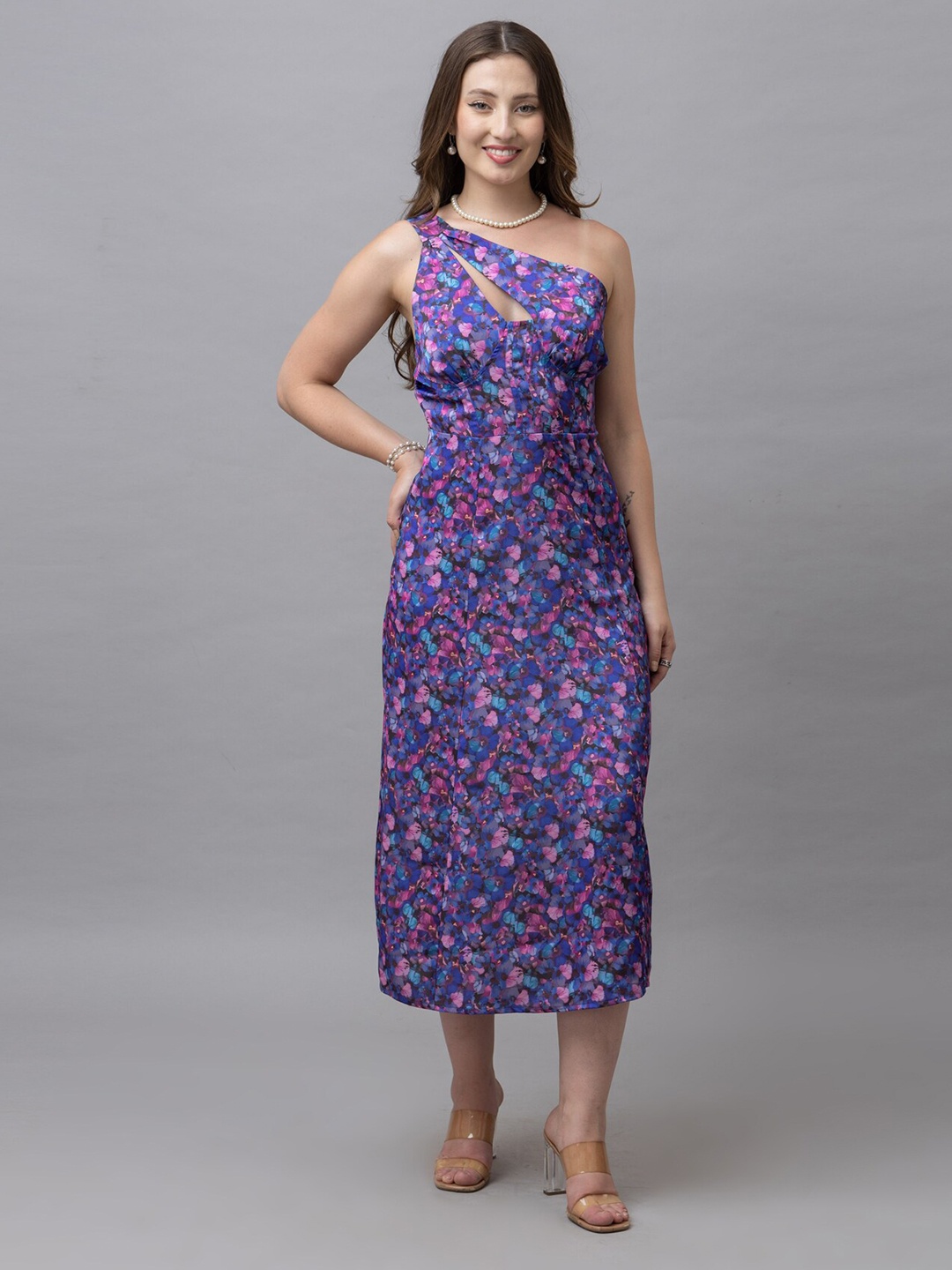 

HAUTEQUE Floral Print One Shoulder A-Line Midi Dress, Purple
