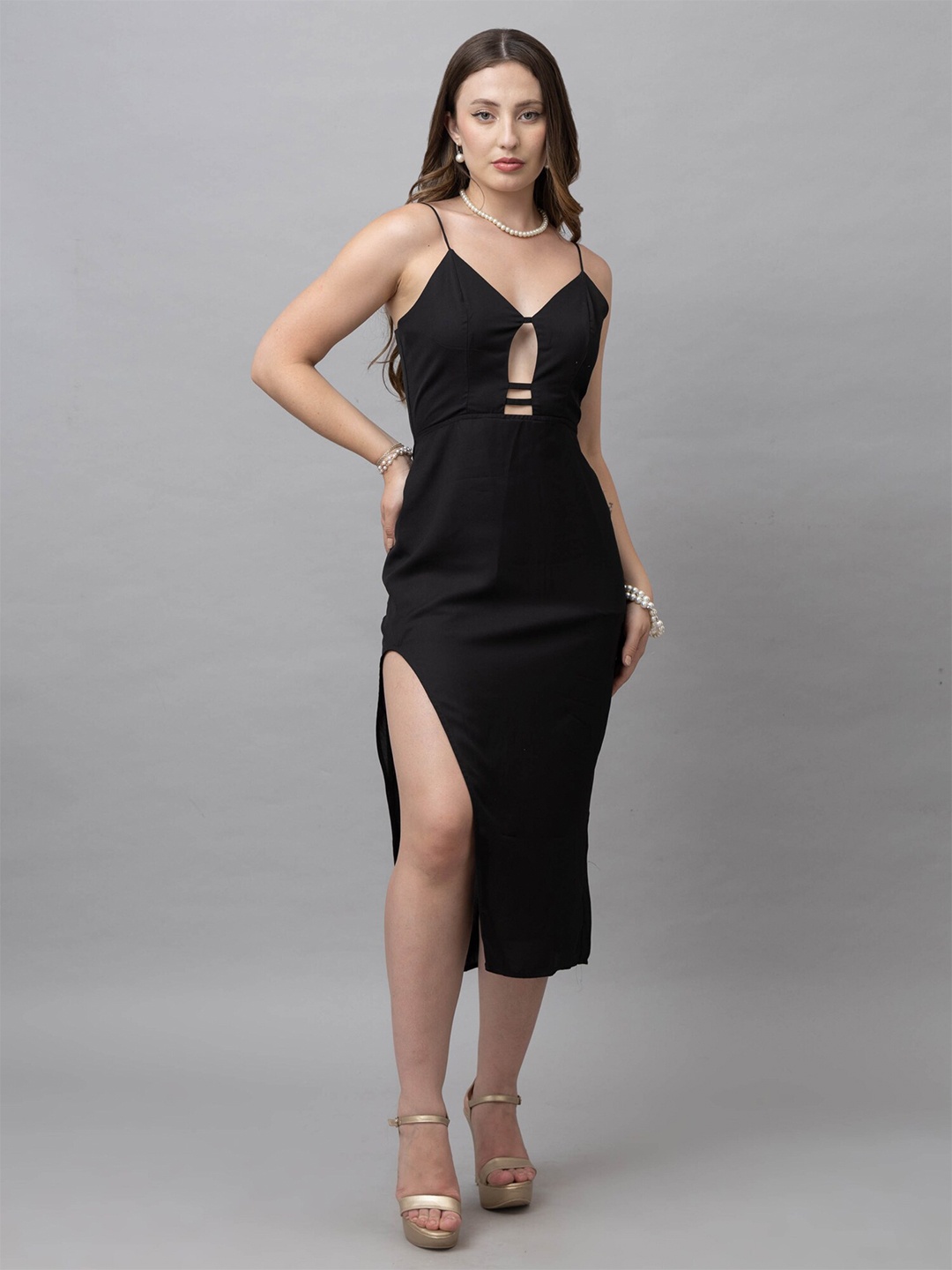 

HAUTEQUE Shoulder Straps Cut-Outs Sheath Midi Dress, Black