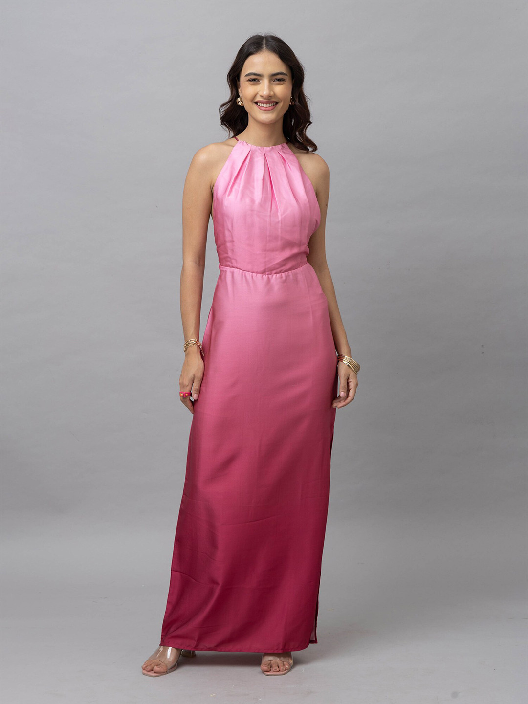 

HAUTEQUE Halter Neck Sleeveless Maxi Dress, Pink