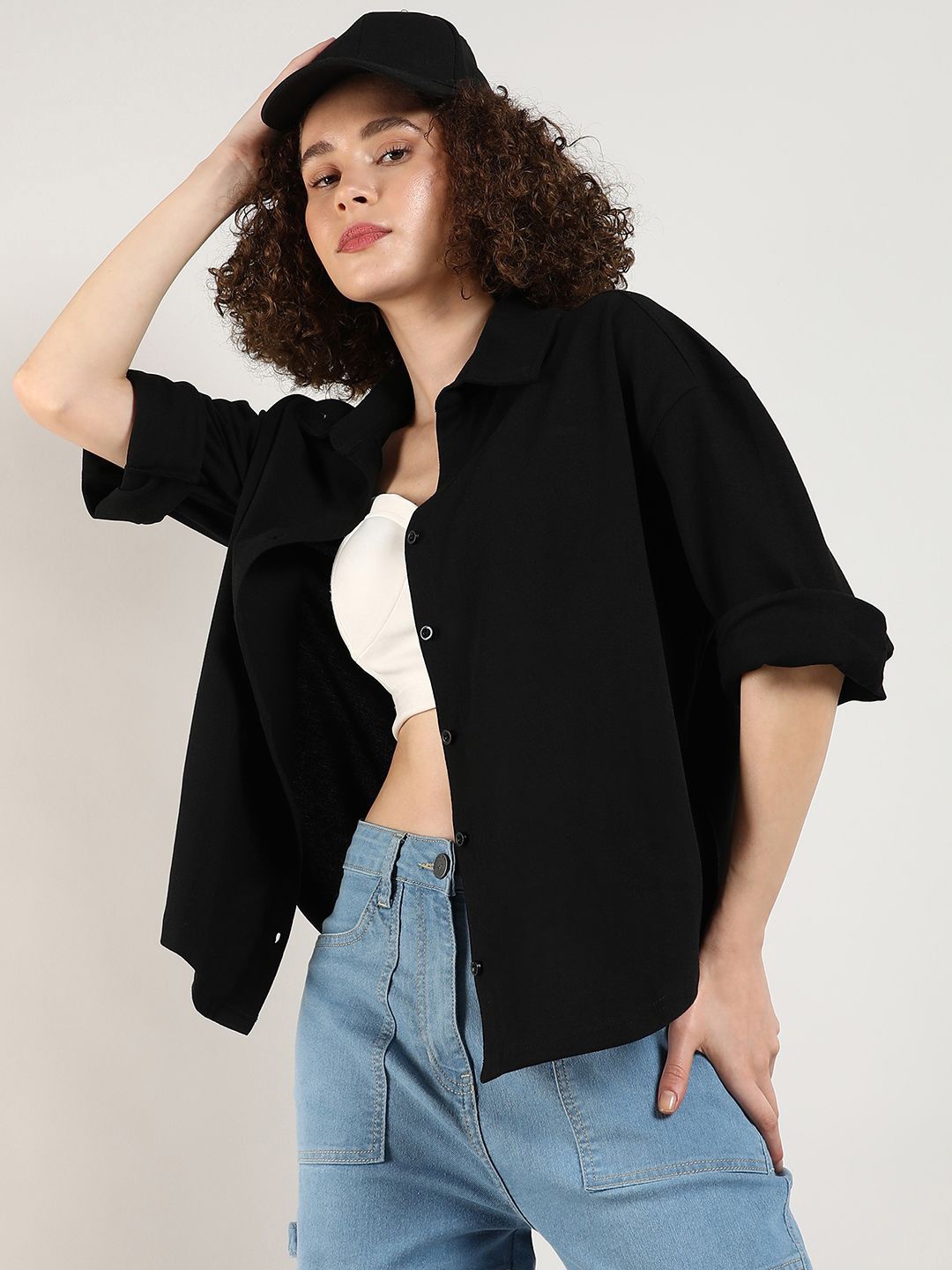 

Campus Sutra Relaxed Boxy Spread Collar Cotton Shirt, Black