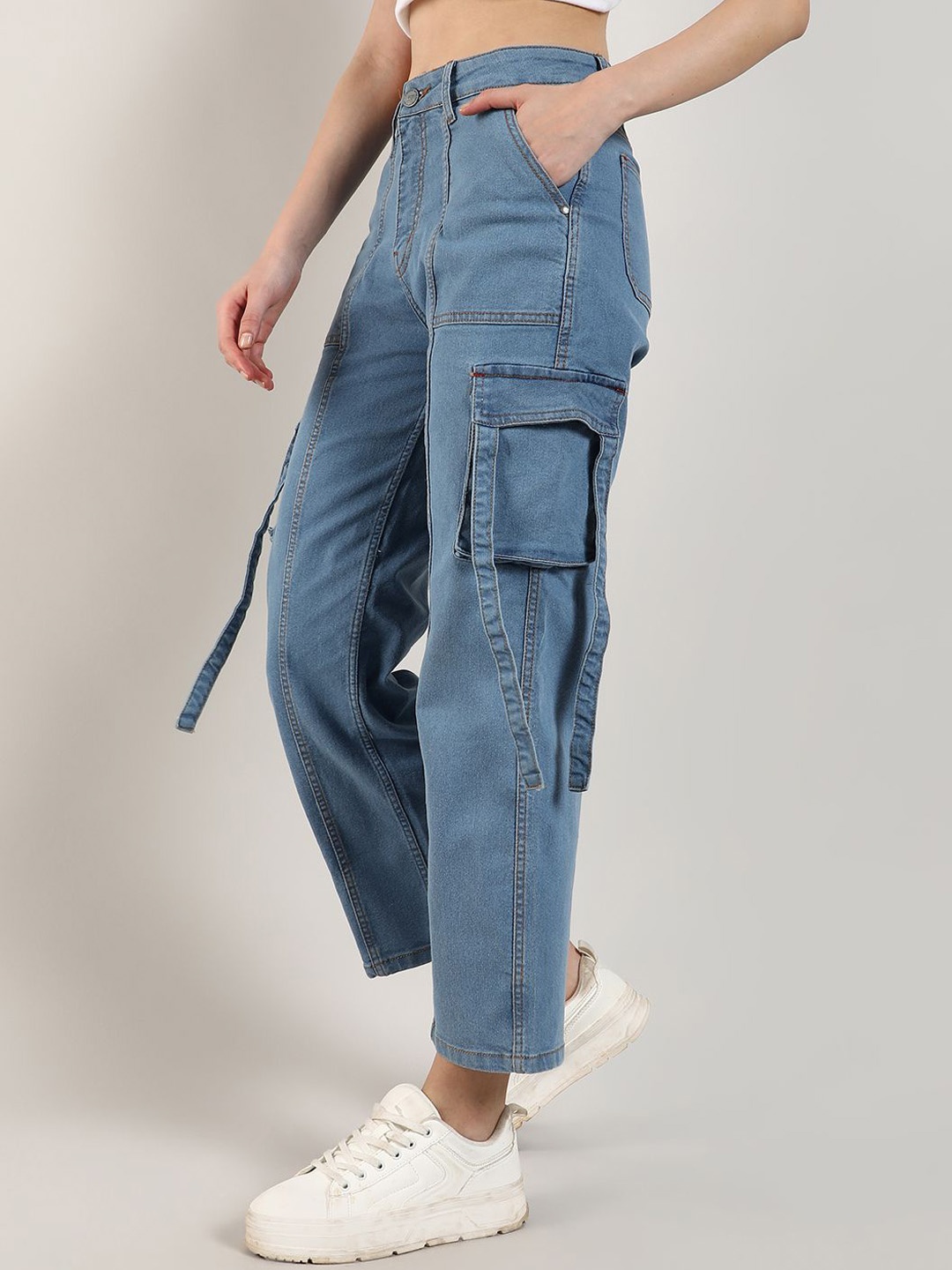 

Campus Sutra Women Smart Clean Look Cotton Cargo Denim Jeans, Blue