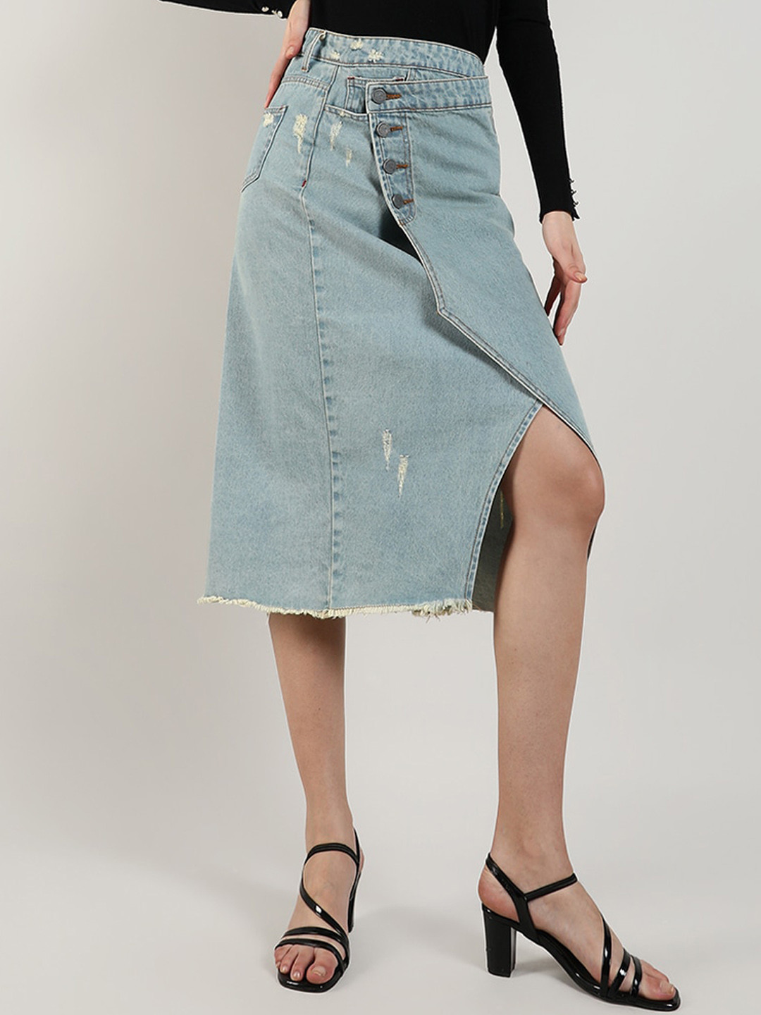 

Campus Sutra Denim Straight Midi Asymmetrical Skirt, Blue
