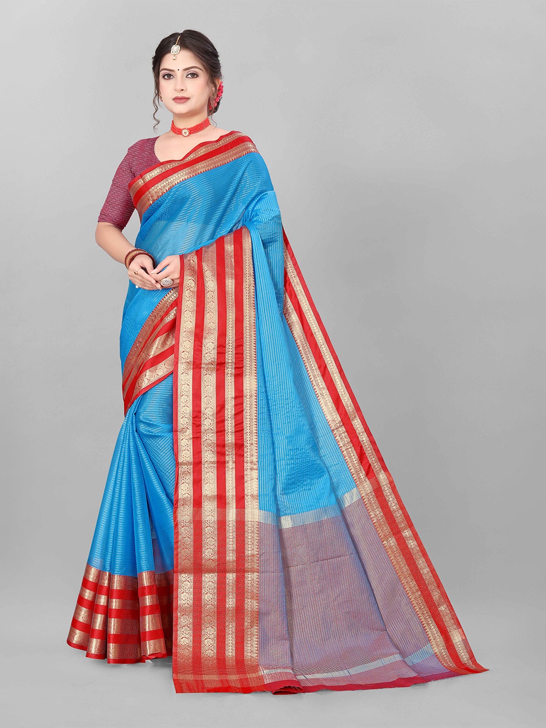 

MAGNEITTA Striped Zari Organza Half and Half Banarasi Saree, Blue