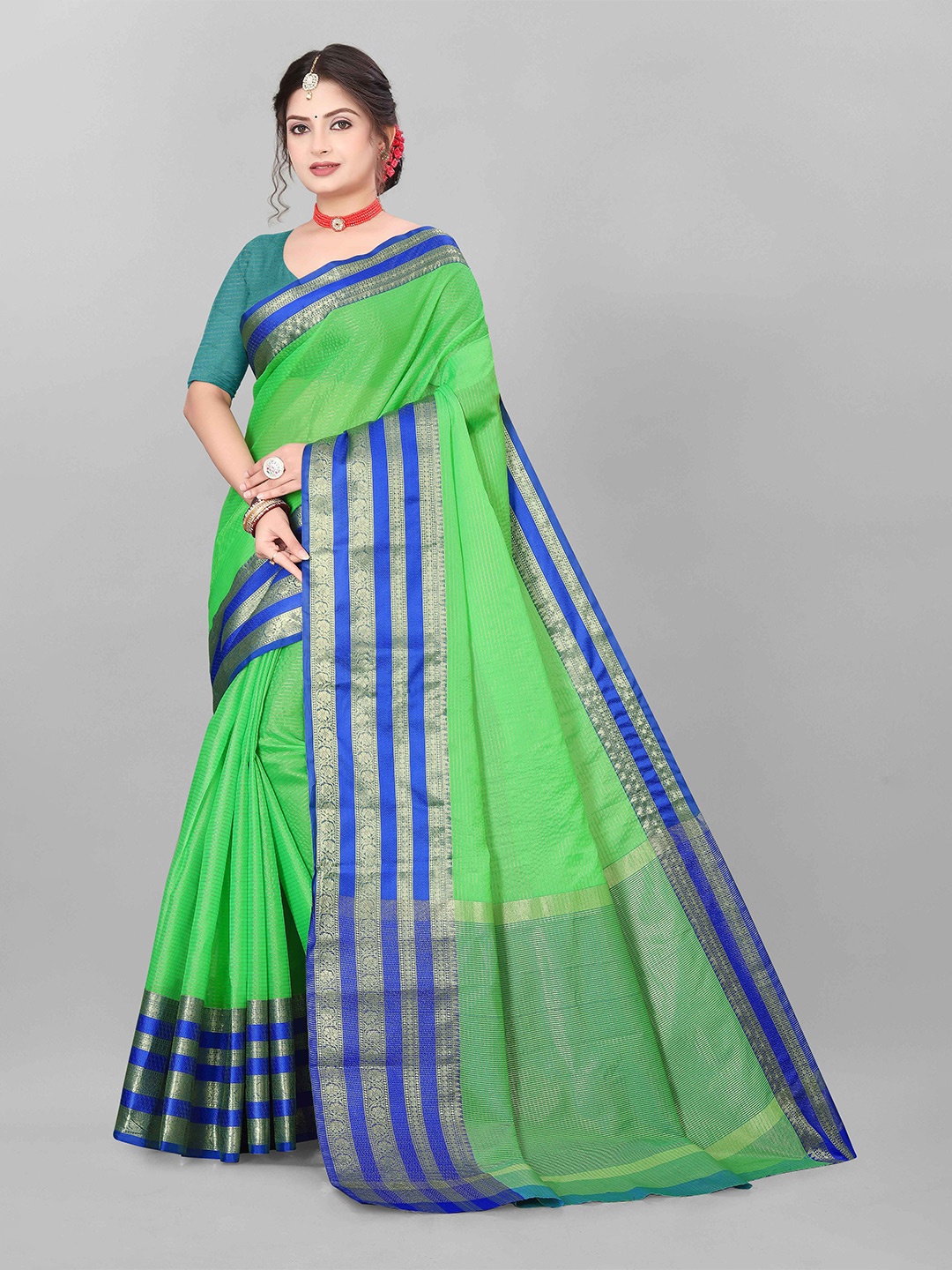 

MAGNEITTA Striped Zari Organza Banarasi Saree, Green