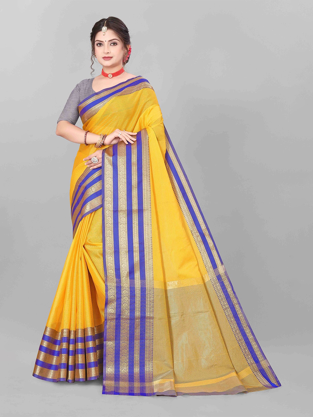 

MAGNEITTA Striped Zari Organza Banarasi Saree, Yellow