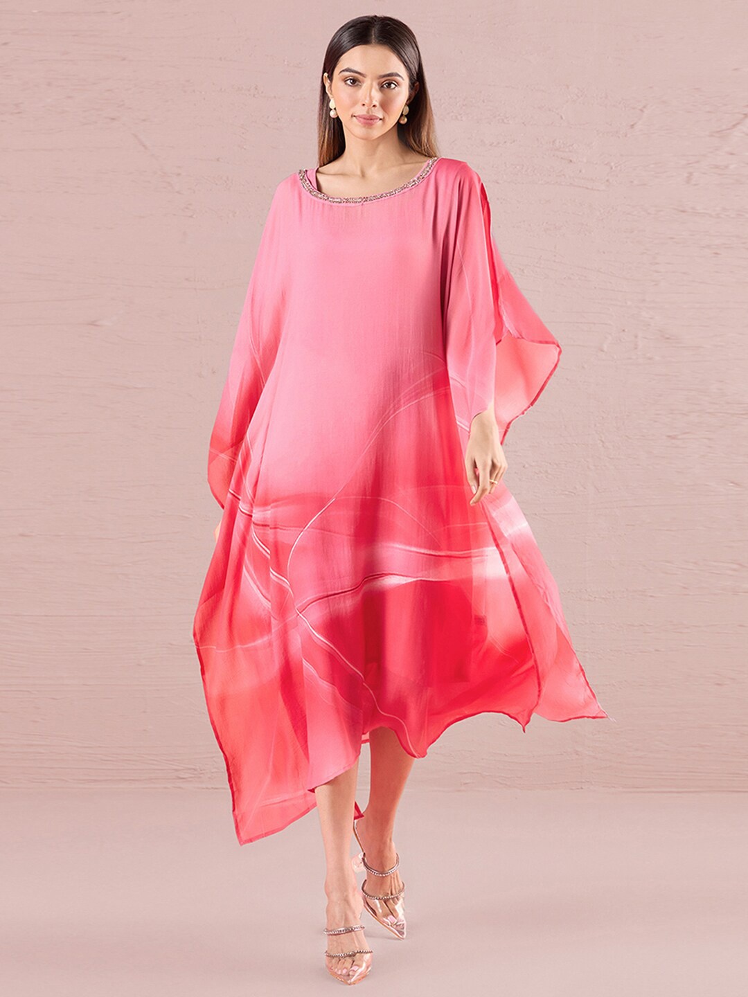 

navyasa by liva Tie and Dye Kimono Sleeve Liva Kaftan Longline Top, Pink