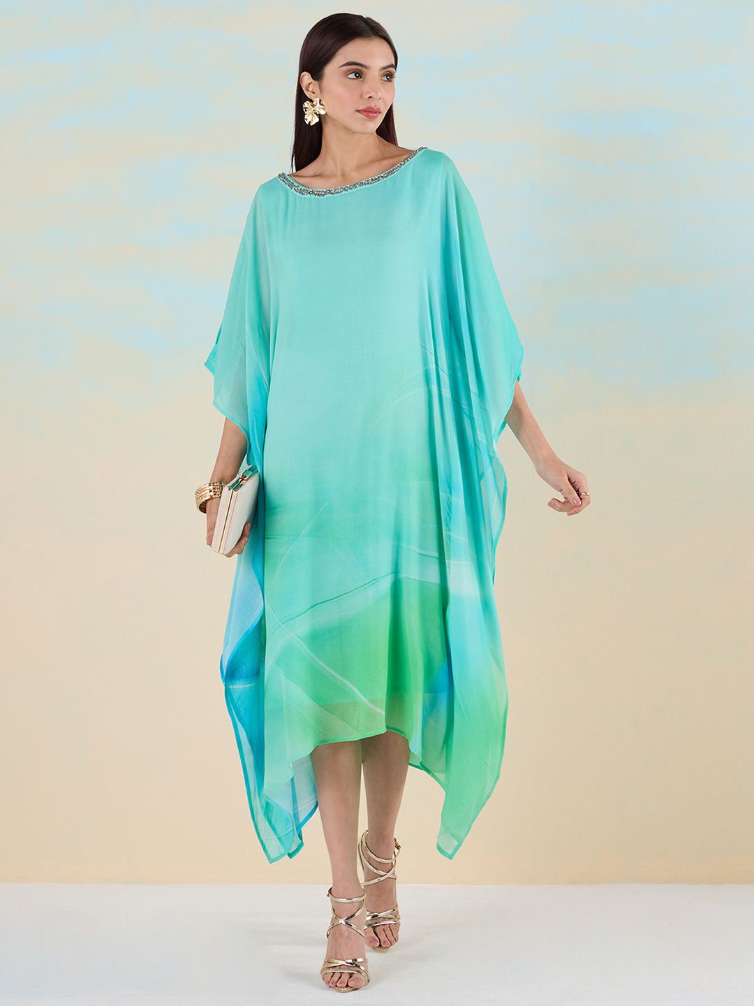 

navyasa by liva Tie and Dye Kimono Sleeve Liva Kaftan Longline Top, Blue