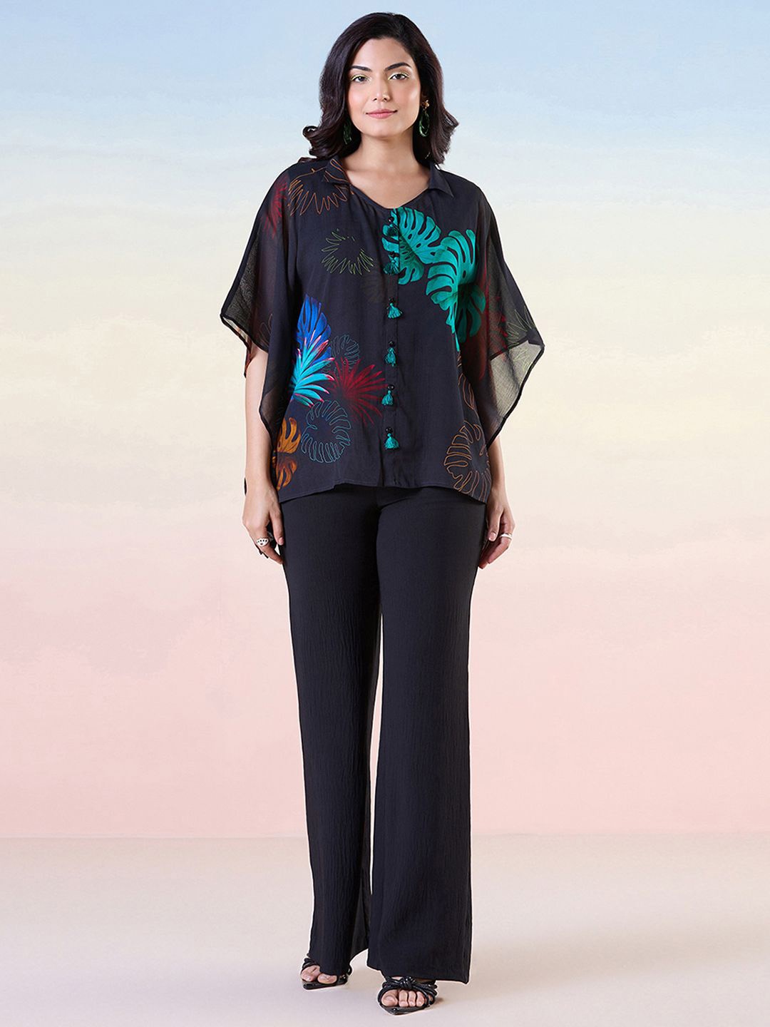 

navyasa by liva Floral Print Kimono Sleeve Liva Kaftan Top, Green