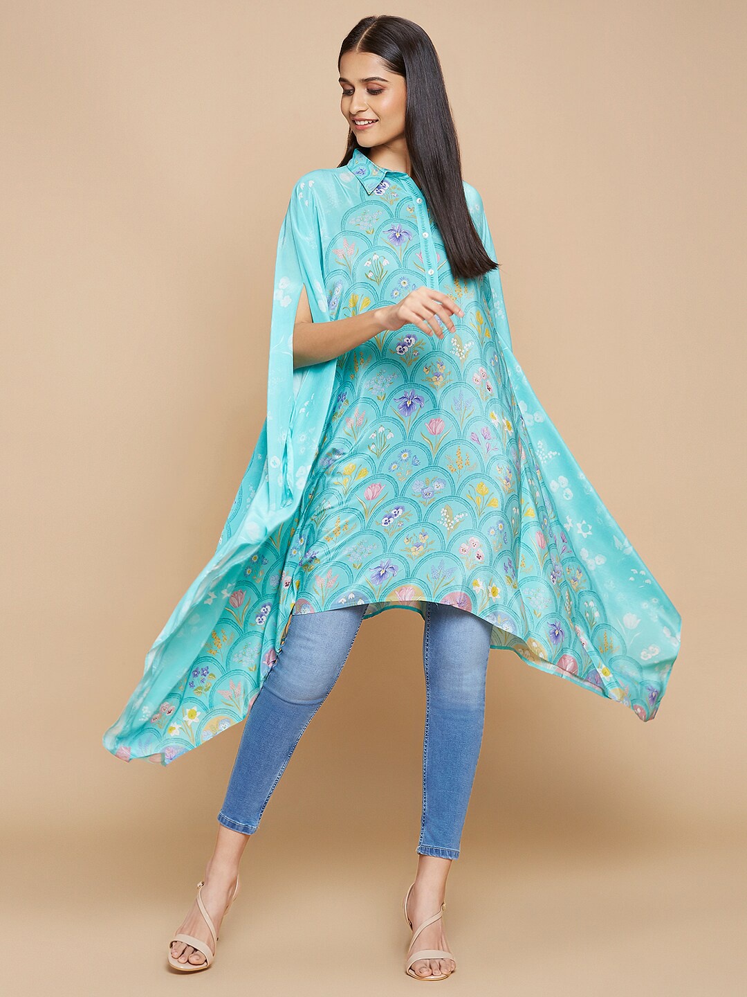 

navyasa by liva Floral Print Slit Sleeve Liva Top, Blue