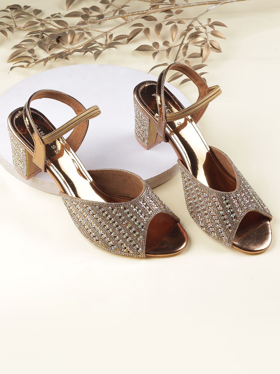 

Metro Embellished Open Toe Block Heels, Gold