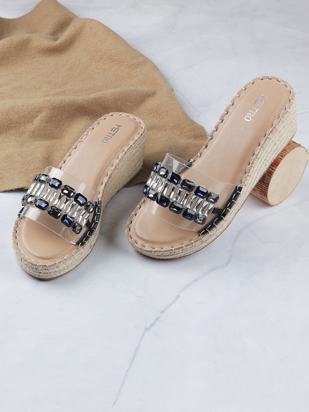 

Metro Woven Design Western Embellished Wedge Heels, Beige