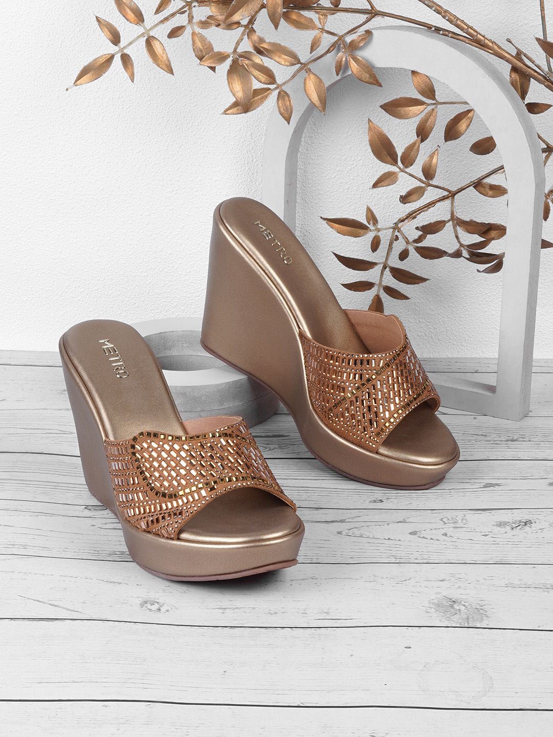 

Metro Embellished Open Toe Wedge Heels, Gold