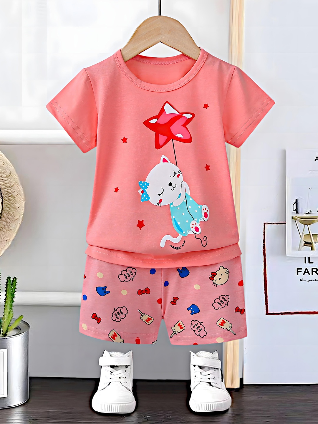 

BAESD Kids Printed Pure Cotton Night suit, Pink