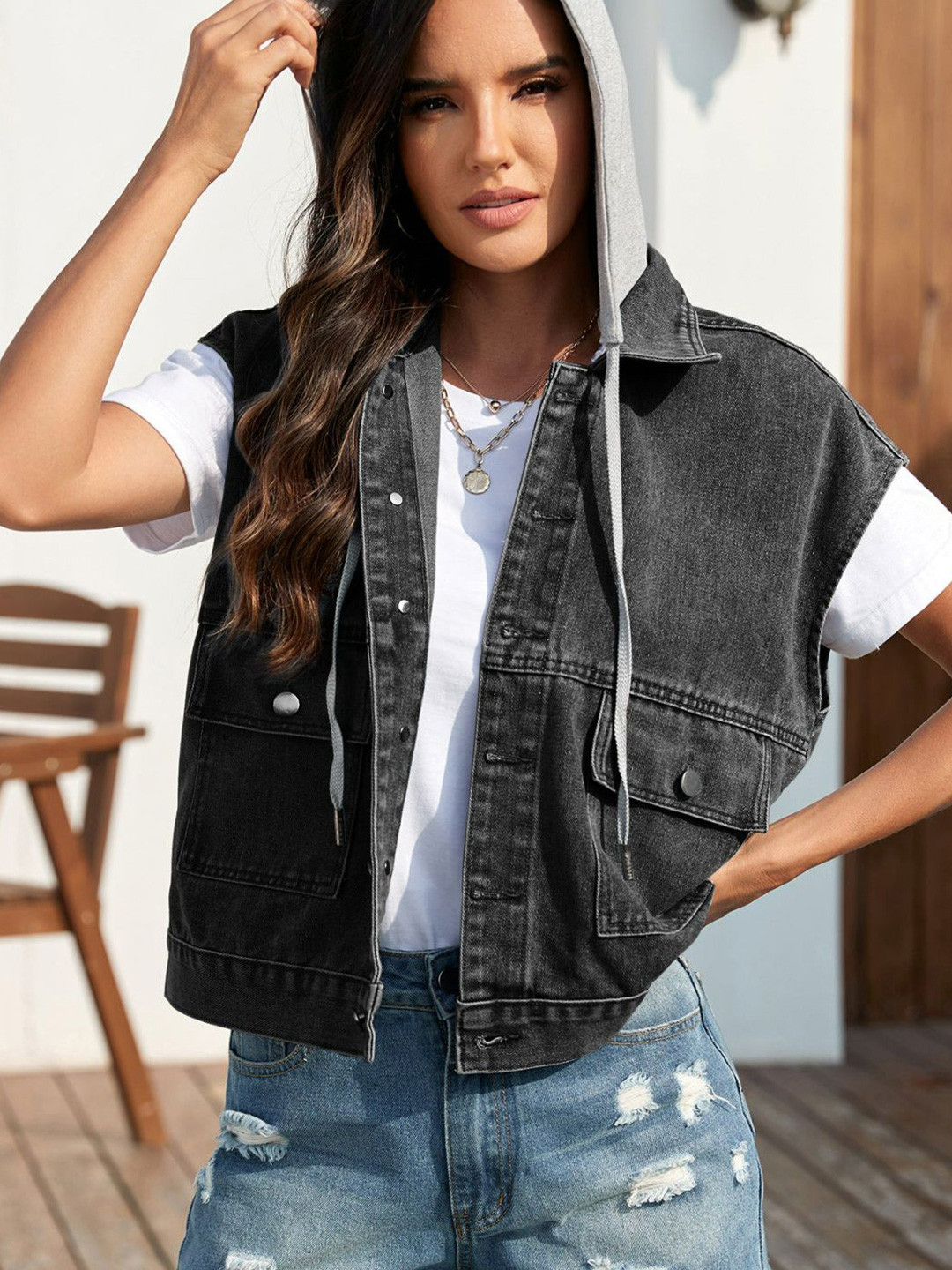 

4WRD by Dressberry Black Hooded Sleeveless Pockets Denim Jacket