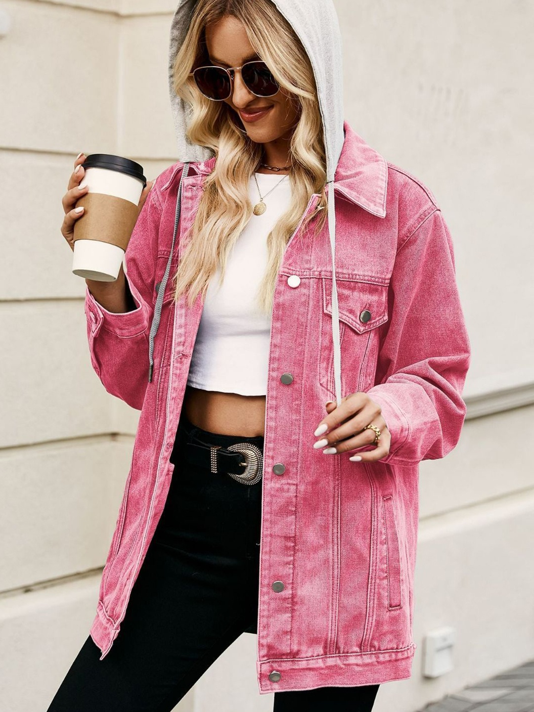 

4WRD by Dressberry Hooded Longline Denim Jacket, Pink