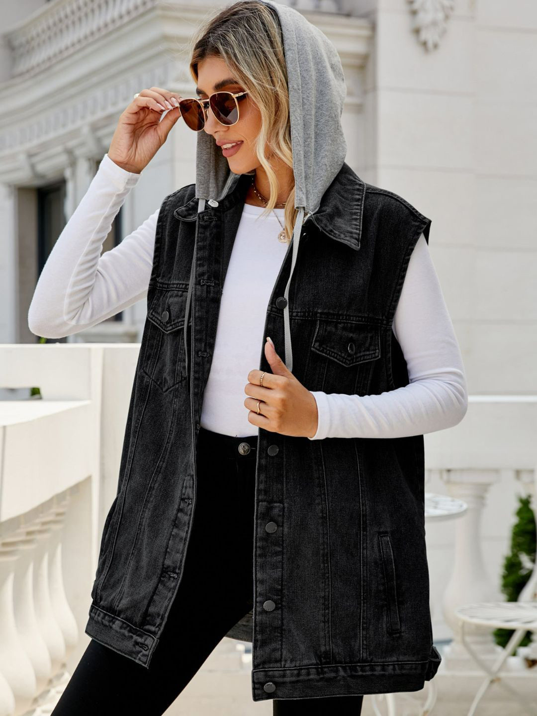 

4WRD by Dressberry Washed Hooded Sleeveless Longline Denim Jacket, Black