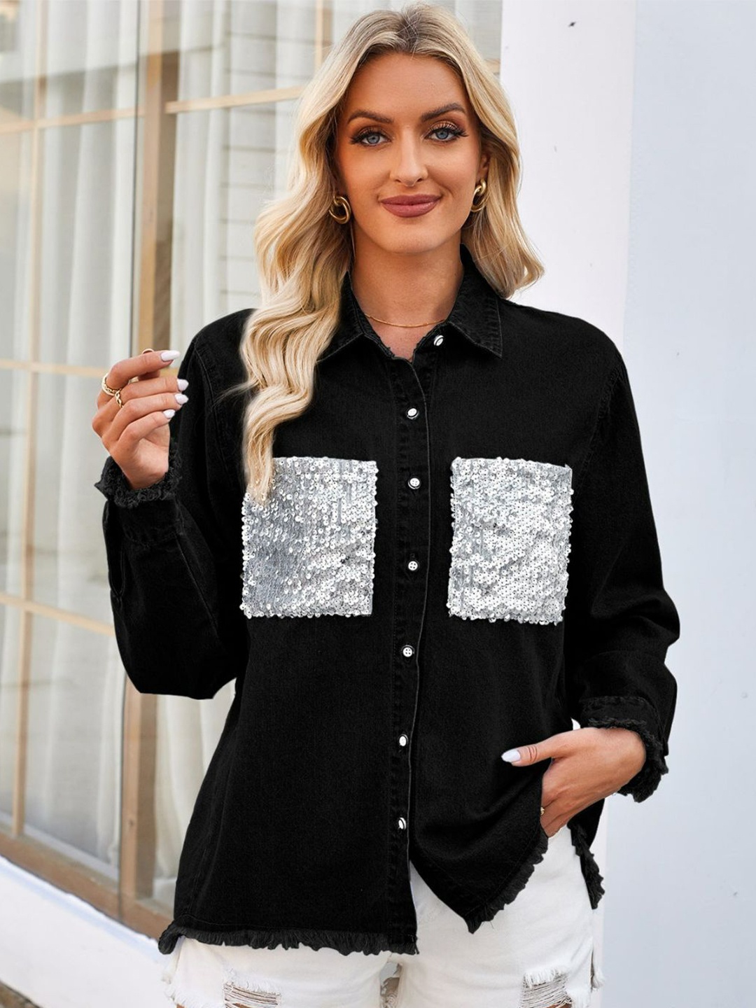 

4WRD by Dressberry Sequins Casual Shirt, Black