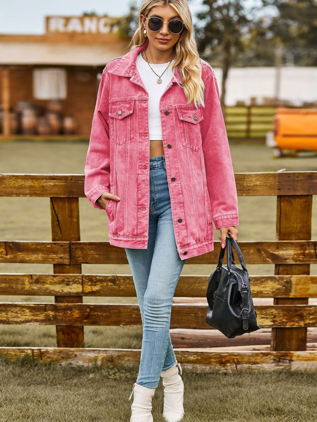 

4WRD by Dressberry Pink Spread Collar Long Sleeves Pockets Longline Denim Jacket