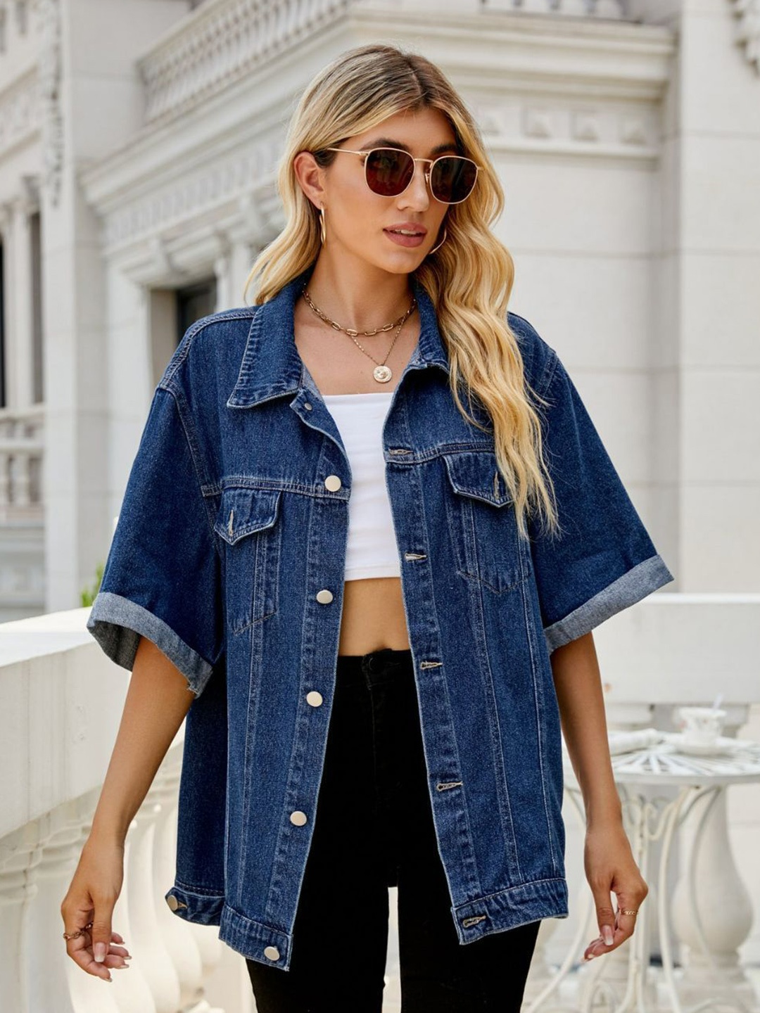 

4WRD by Dressberry Spread Collar Longline Denim Jacket, Blue
