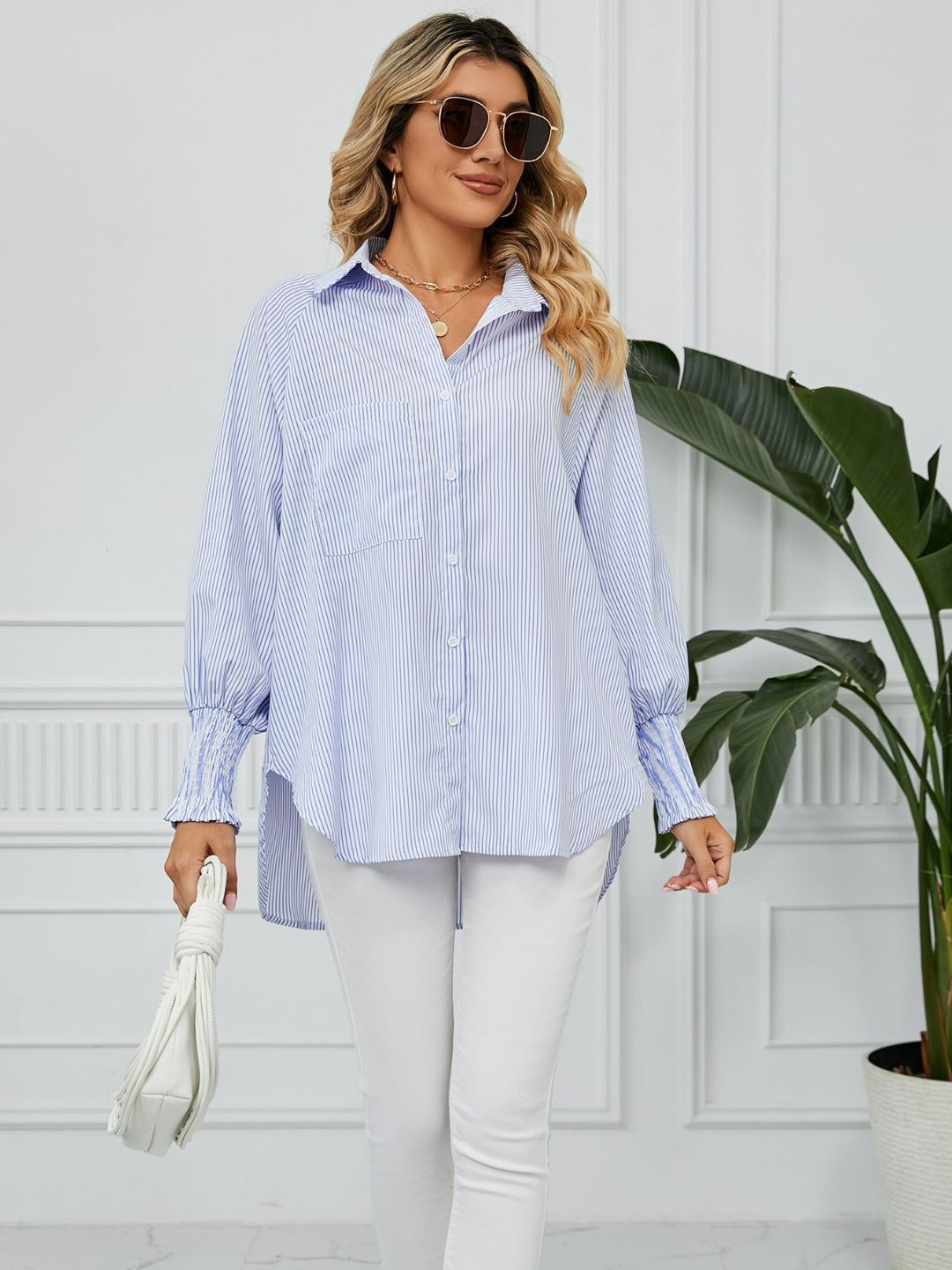 

4WRD by Dressberry Women Striped Spread Collar Pockets Shirt, Blue