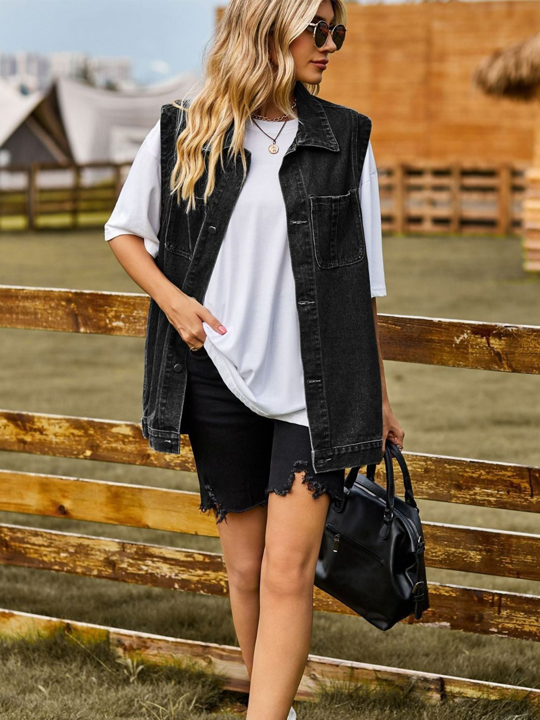 

4WRD by Dressberry Grey Spread Collar Sleeveless Pockets Longline Denim Jacket