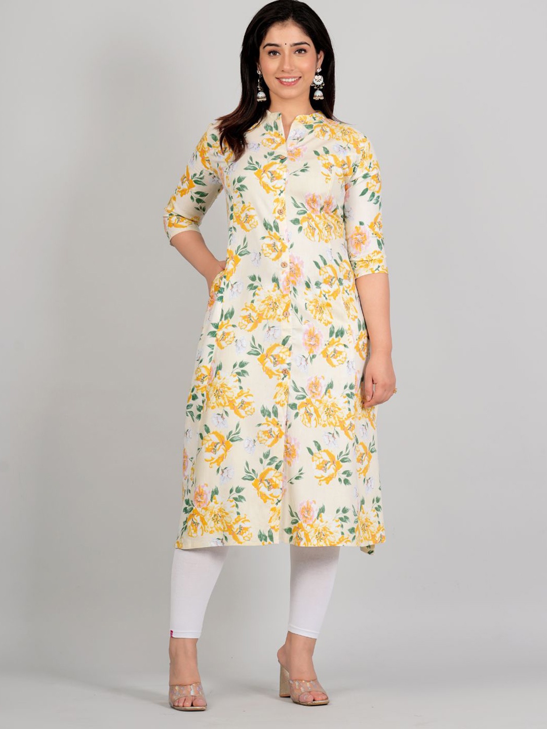 

P3D CREATION Mandarin Collar Floral Printed Cotton Straight Kurta, White
