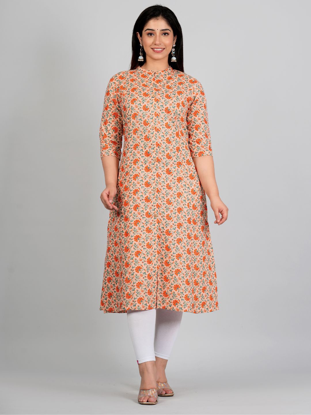 

P3D CREATION Mandarin Collar Printed A-Line Cotton Kurta, Peach