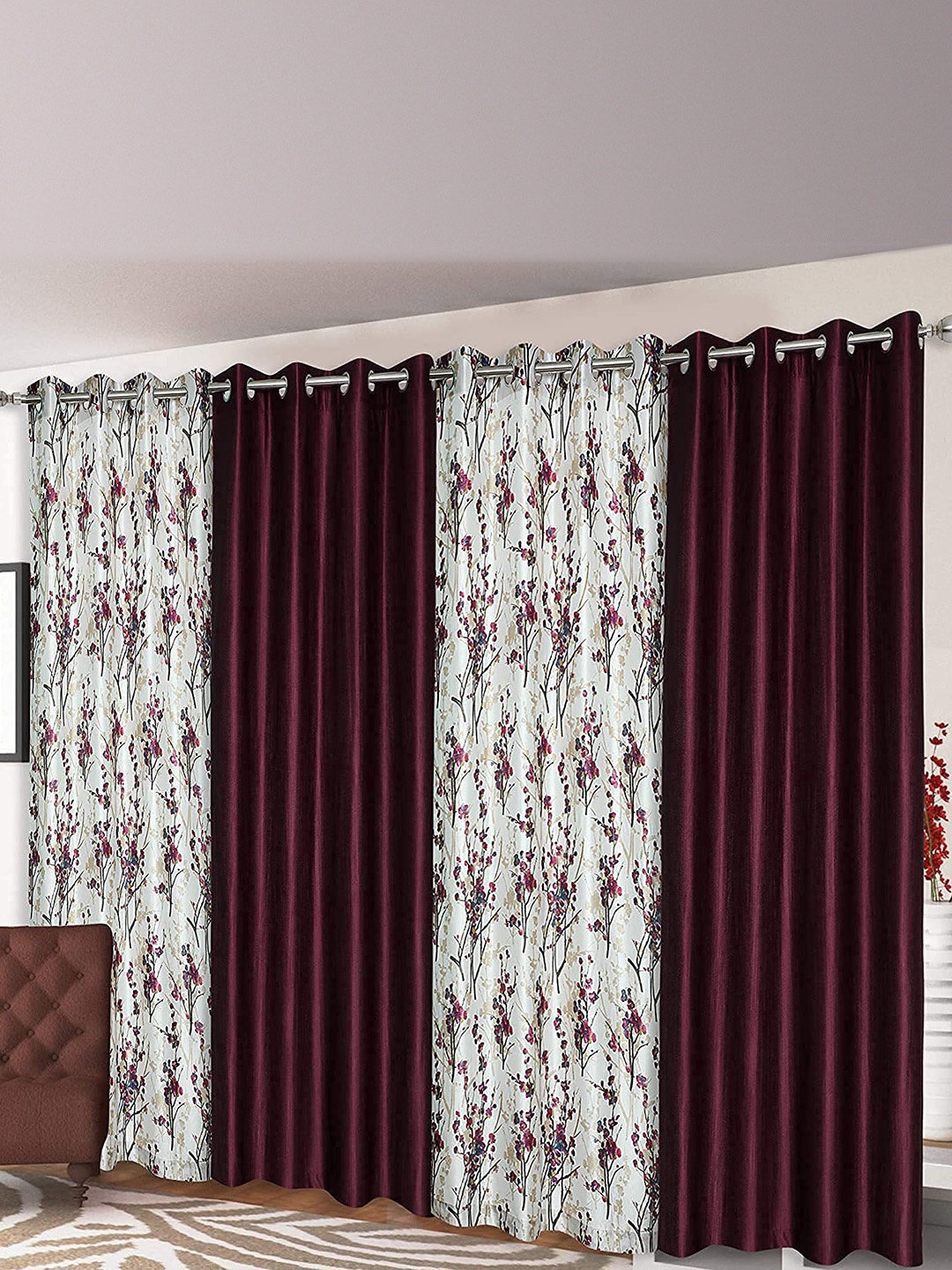 

AaHo Decor Purple & White 4 Pieces Floral Door Curtains
