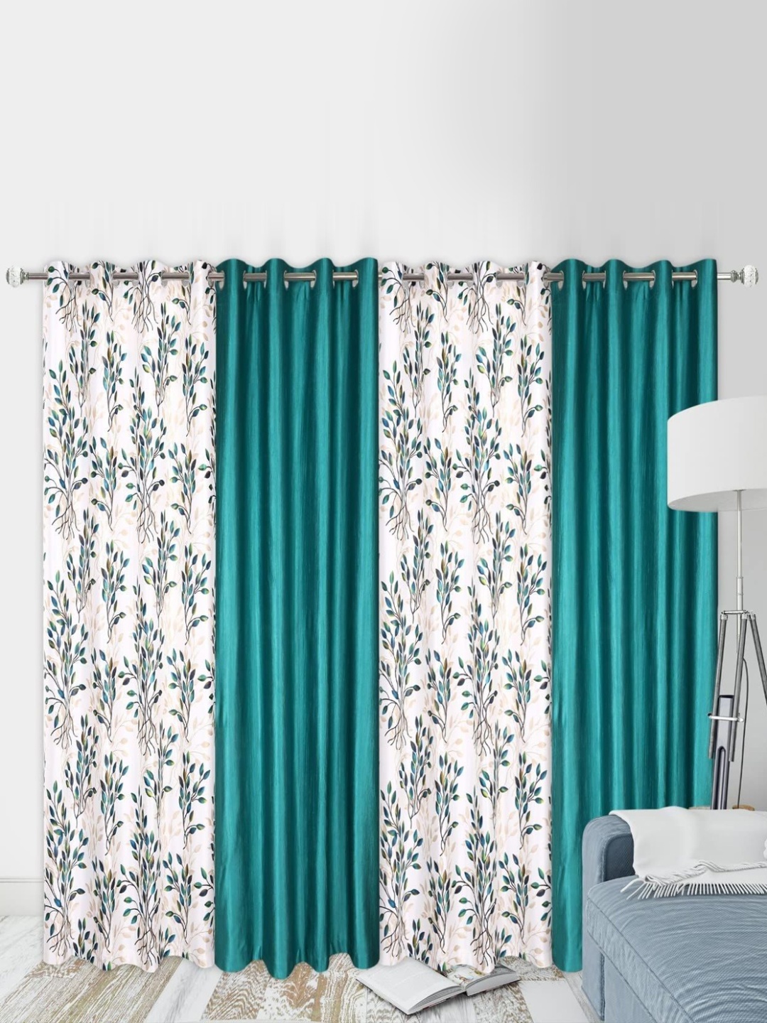 

AaHo Decor Blue & White 4 Pieces Floral Long Door Curtains