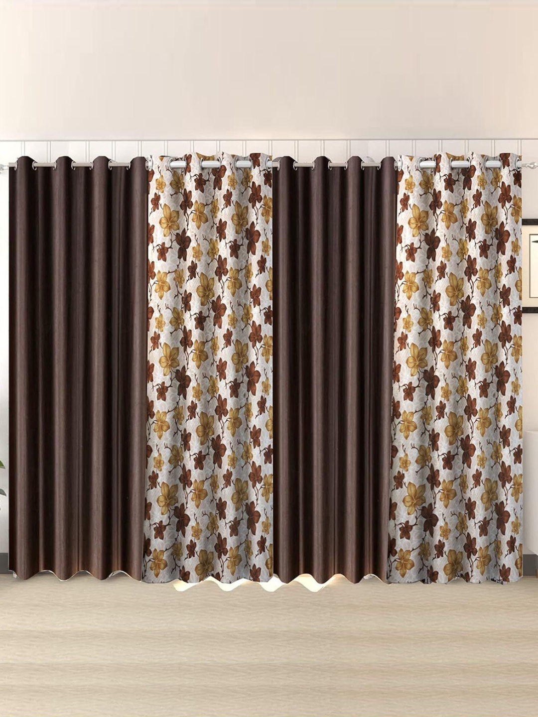 

AaHo Decor Brown & Beige 4 Pieces Floral Long Door Curtains
