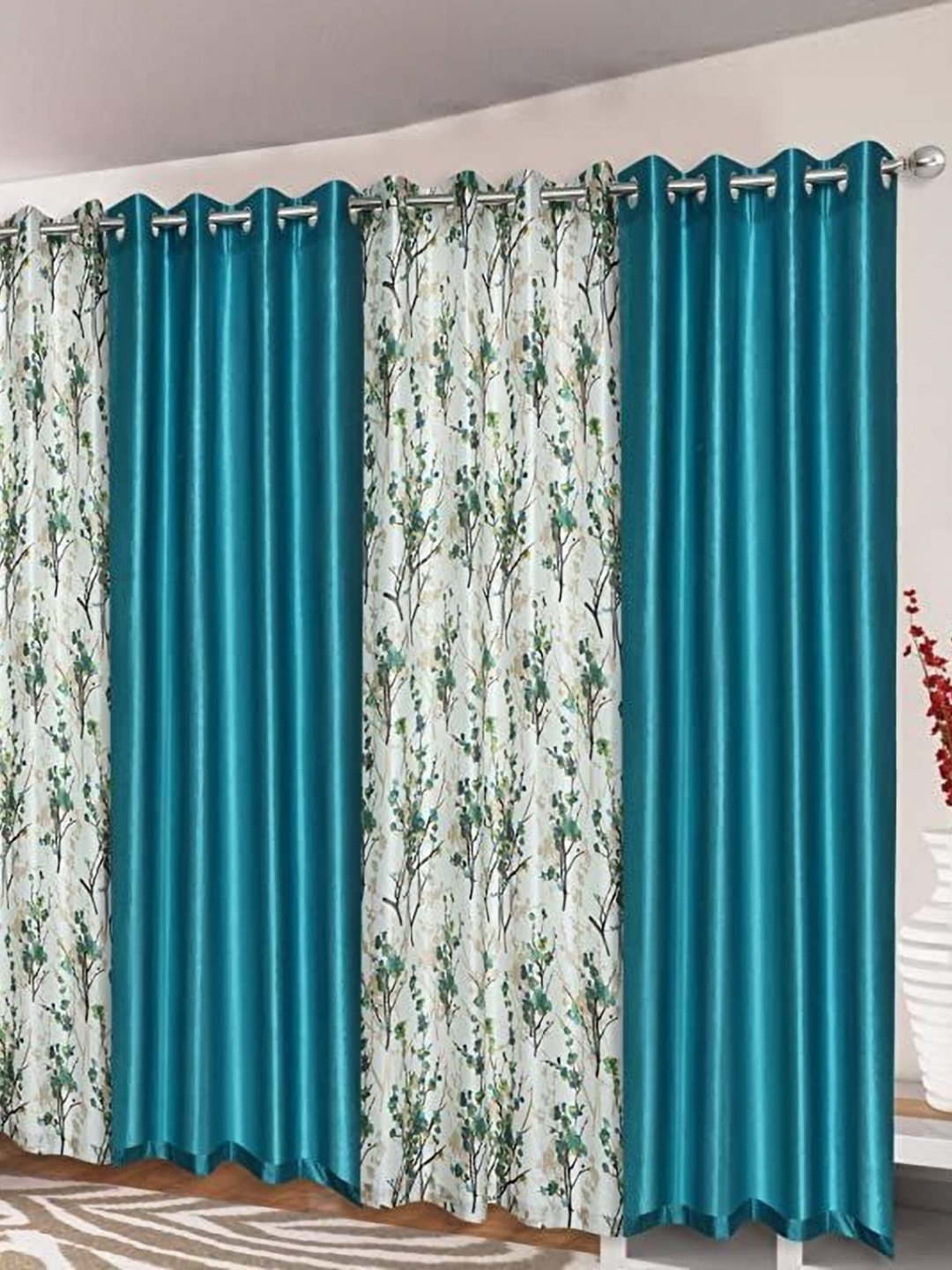 

AaHo Decor Blue & White 4 Pieces Floral Long Door Curtains
