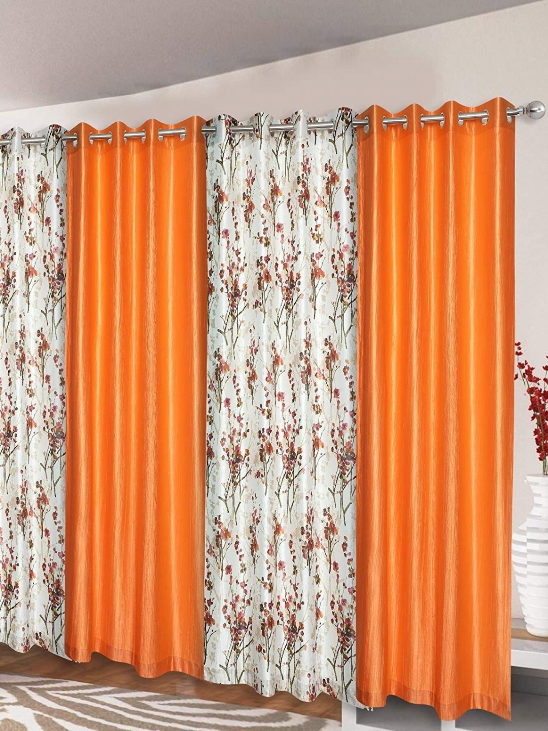 

AaHo Decor Orange & White 4Pieces Floral Door Curtains