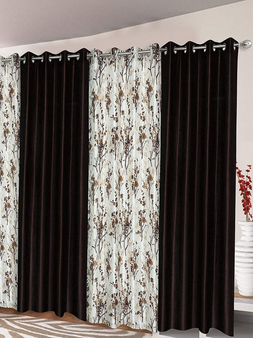 

AaHo Decor Brown & White 4 Pieces Floral Long Door Curtains