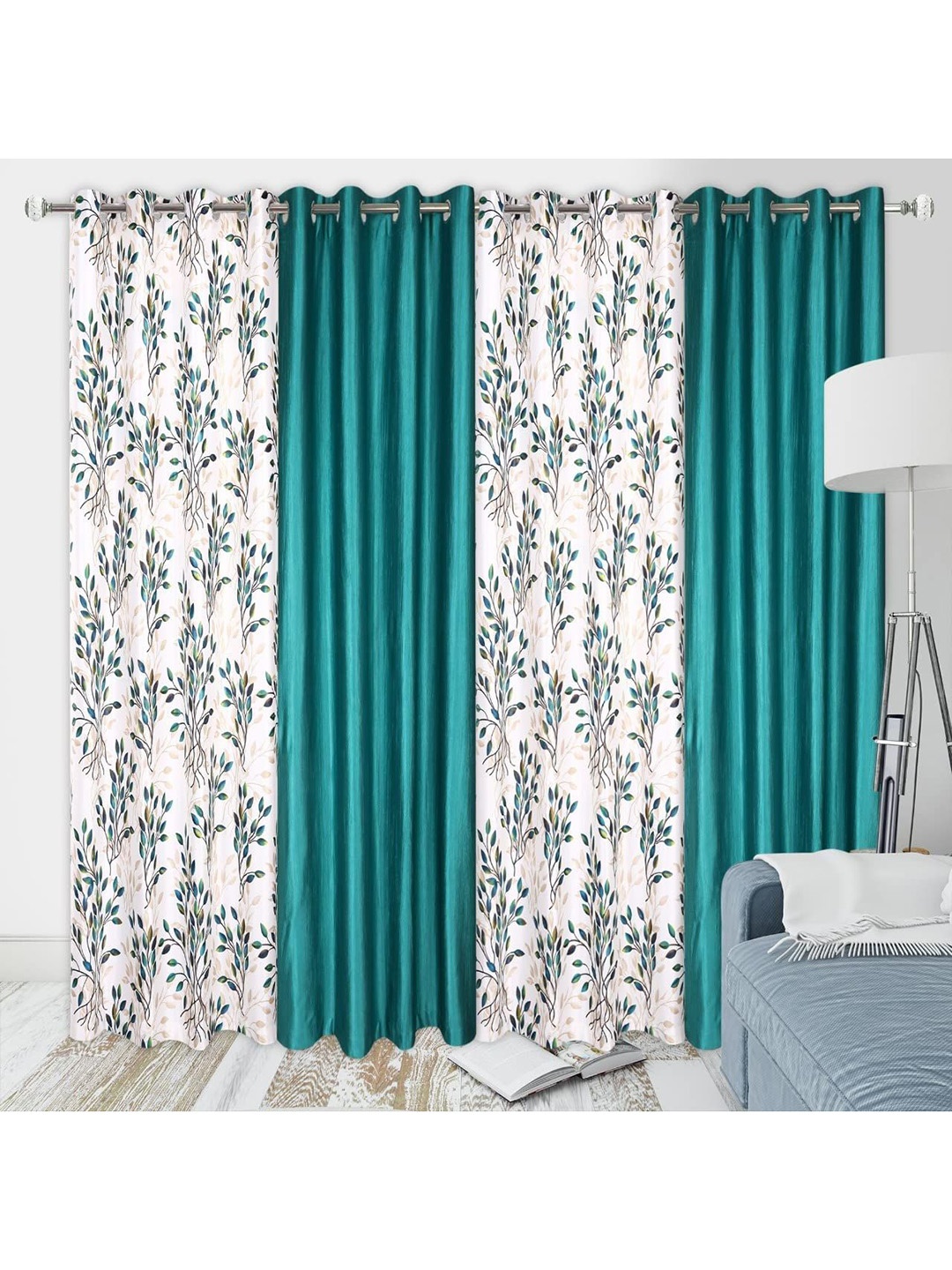 

AaHo Decor Blue & White 4 Pieces Floral Window Curtains
