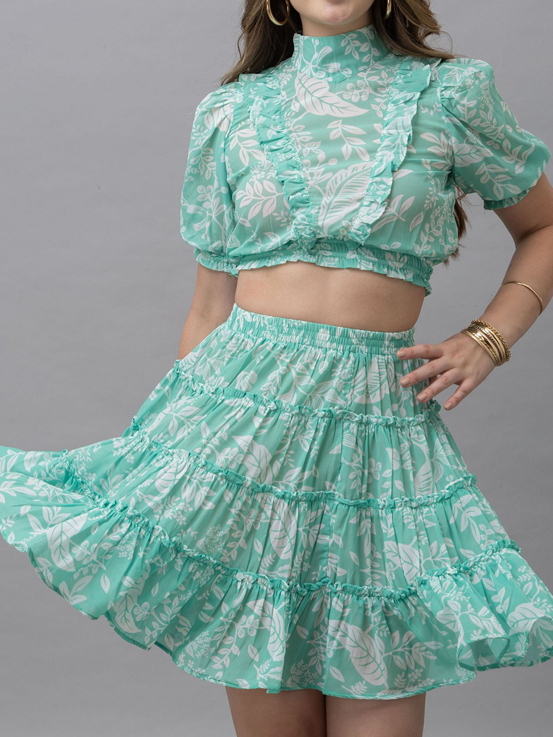 

HAUTEQUE Floral Printed Flared Above Knee Skirt, Green