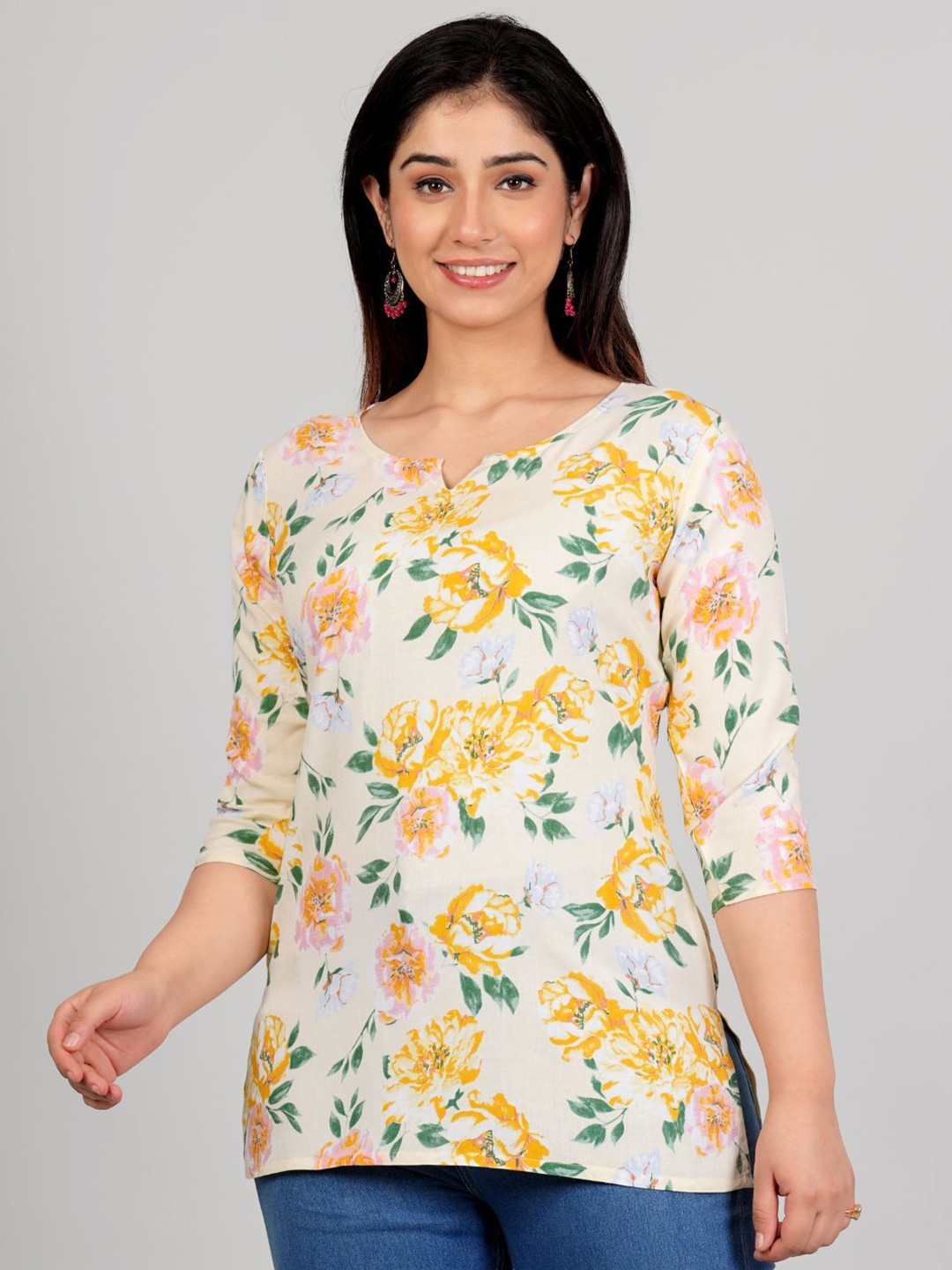

P3D CREATION Floral Printed Cotton Top, White