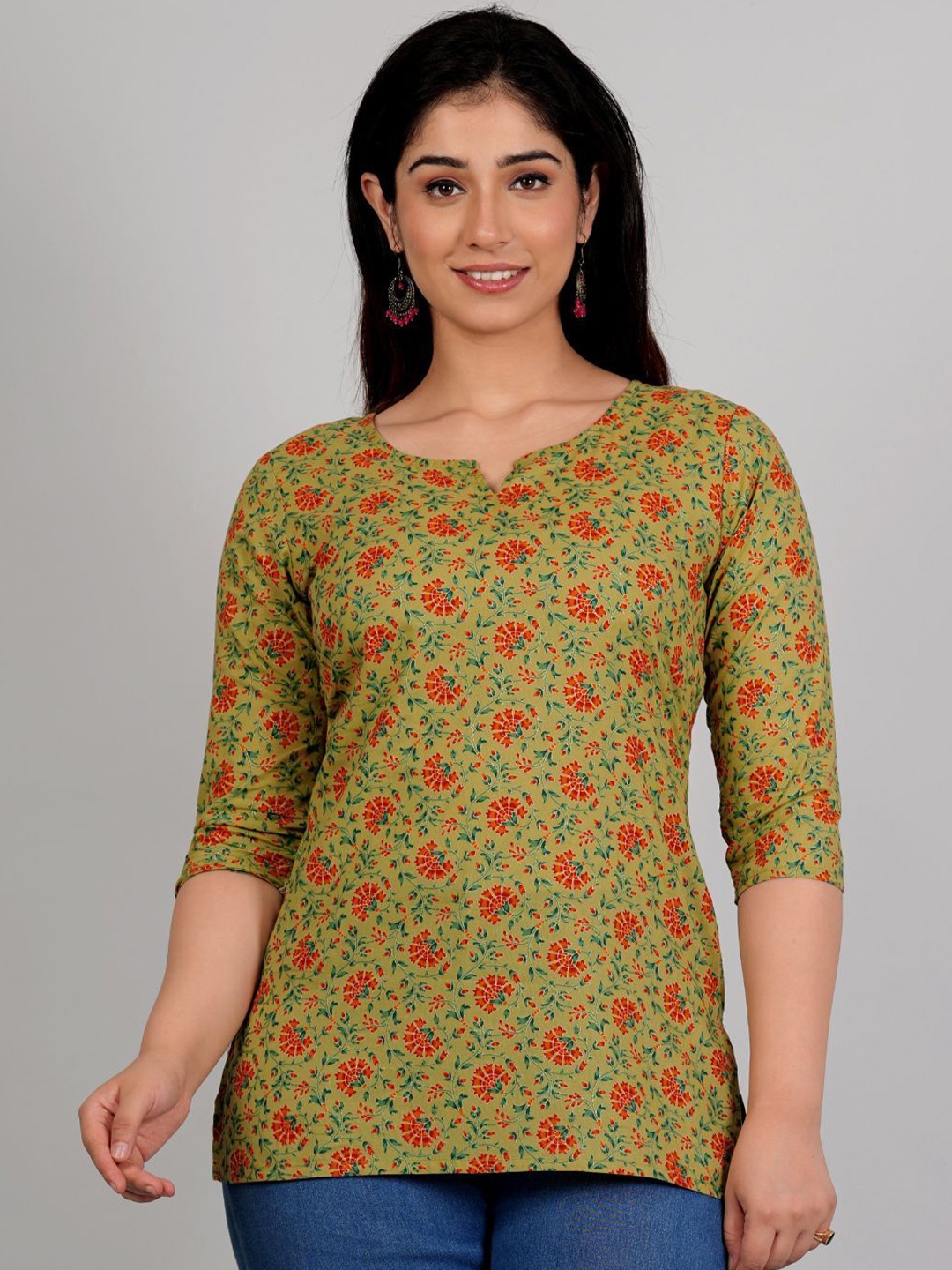 

P3D CREATION Floral Printed Cotton Top, Green