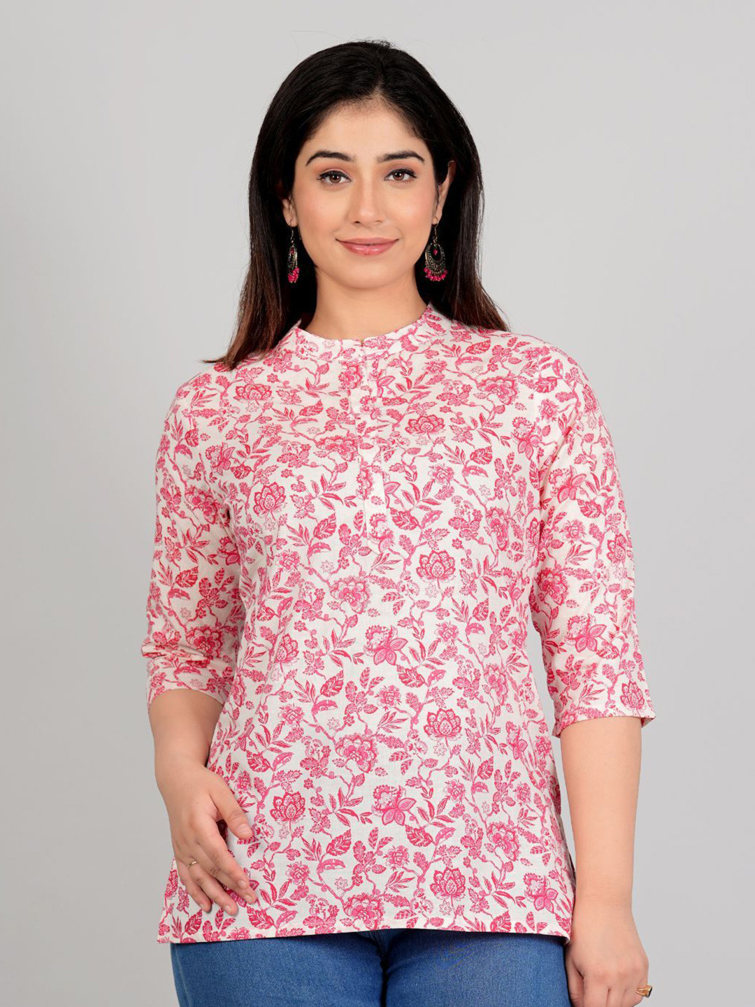 

P3D CREATION Floral Print Mandarin Collar Cotton Top, Pink