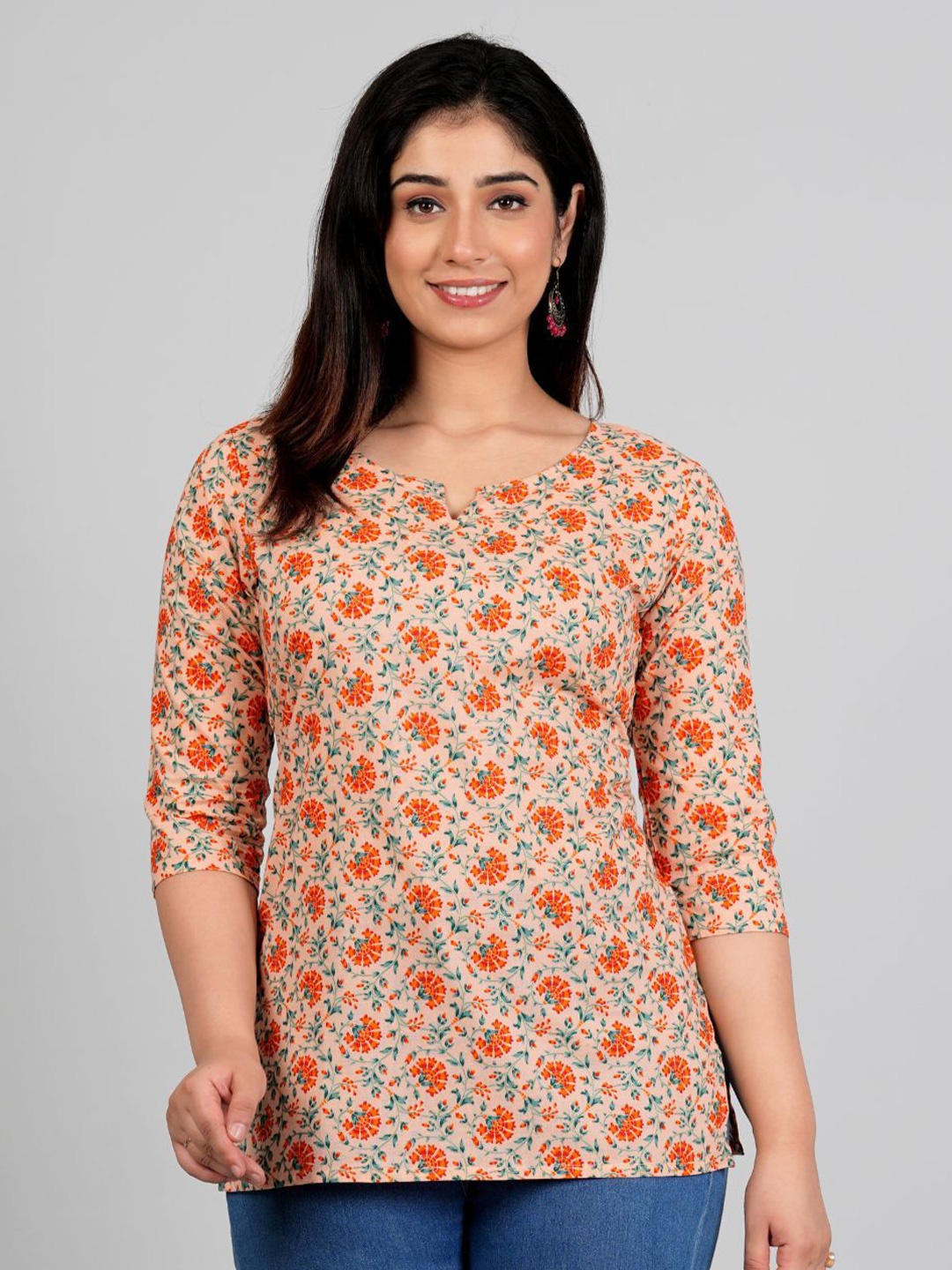 

P3D CREATION Indie Floral Print Cotton Top, Peach