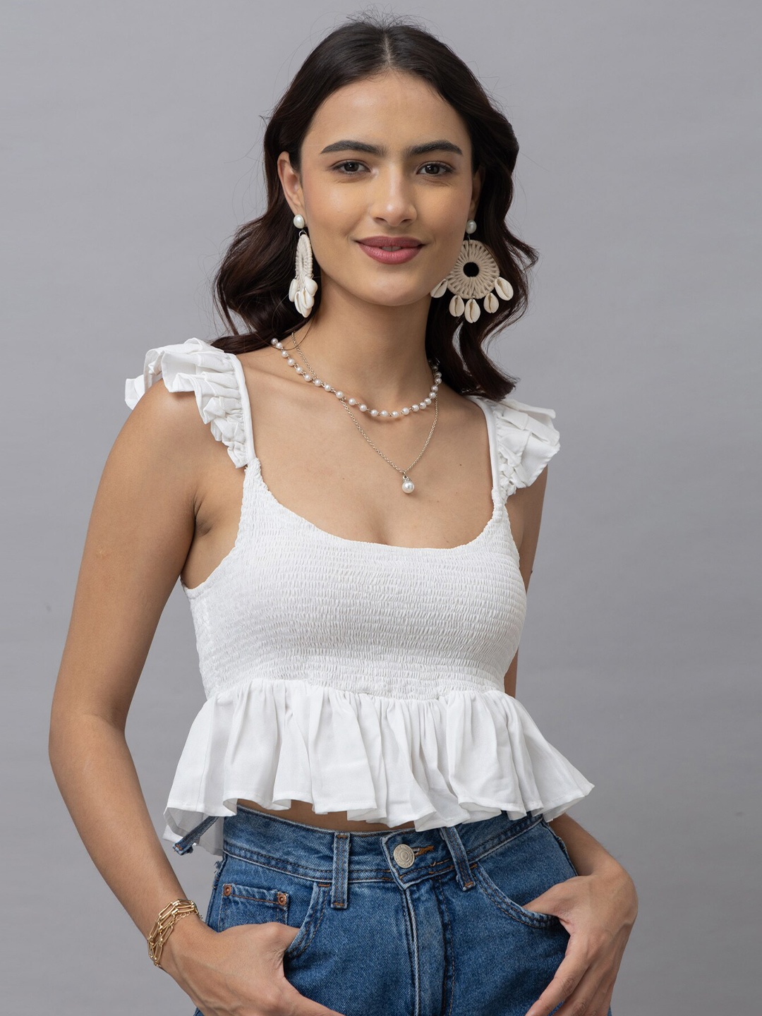

HAUTEQUE Smocked Peplum Crop Top, White