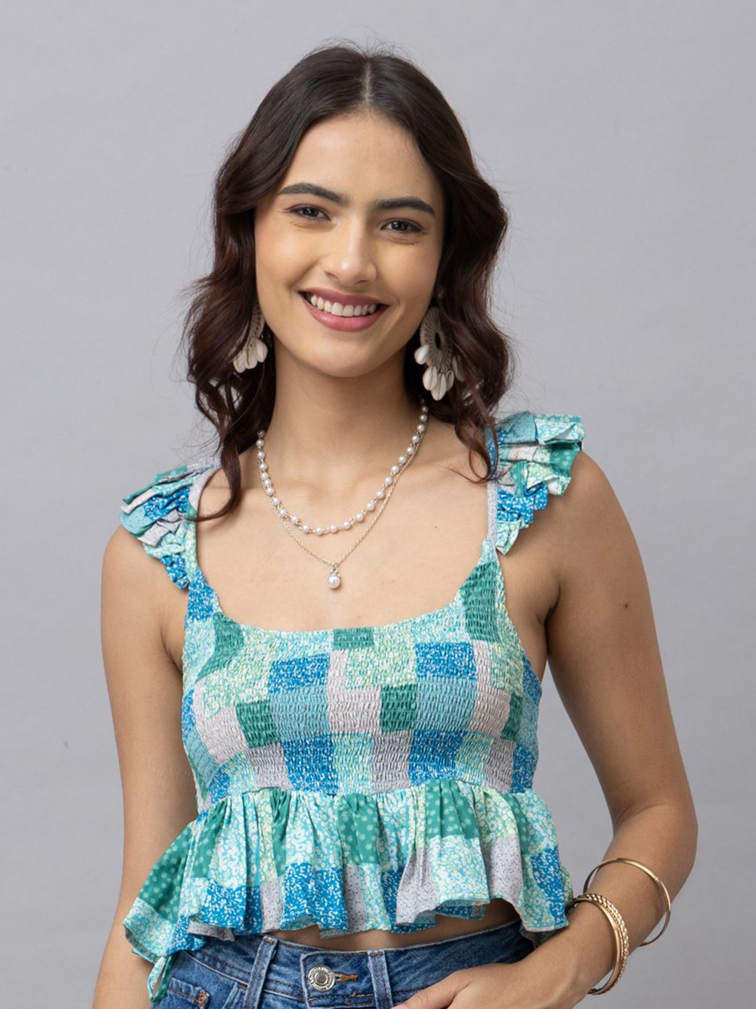 

HAUTEQUE Floral Printed Smocked Peplum Crop Top, Turquoise blue