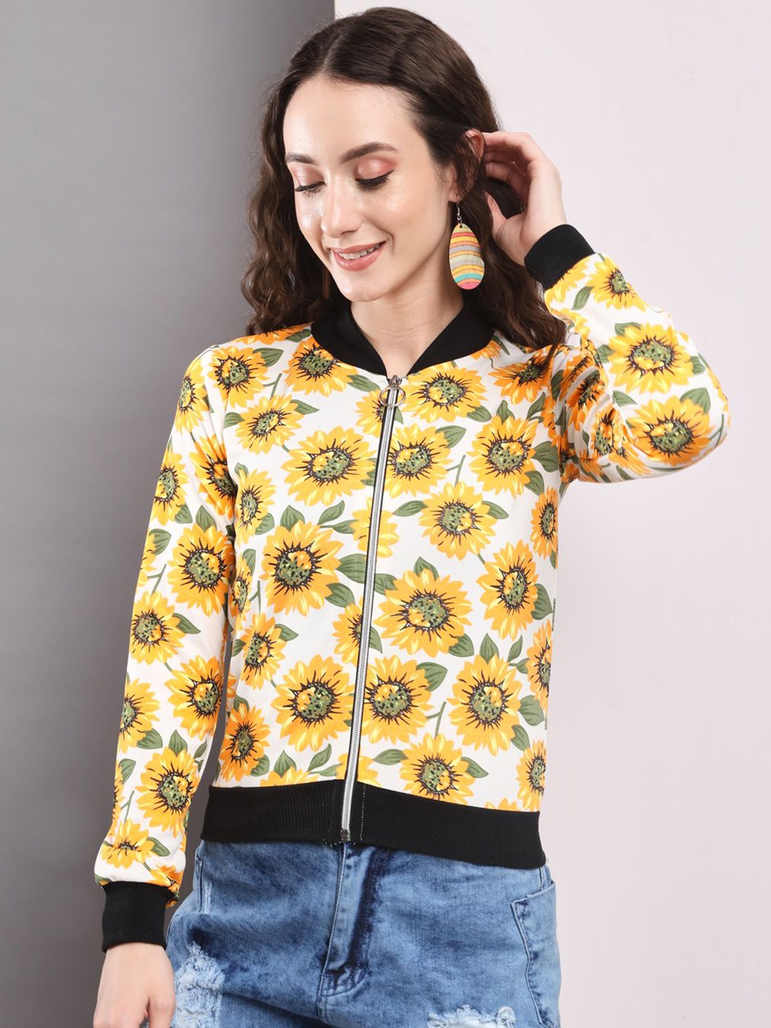 

TANDUL Floral Printed Stand Collar Lightweight Cotton Bomber Jacket, Yellow