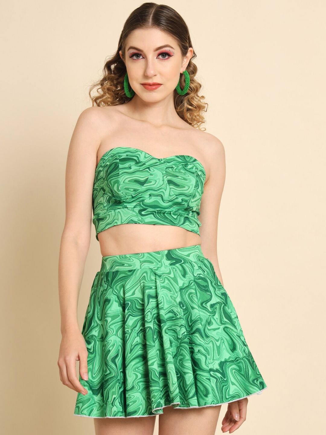 

TANDUL Tie and Dye Strapless Top & Skirts Co-Ords, Green