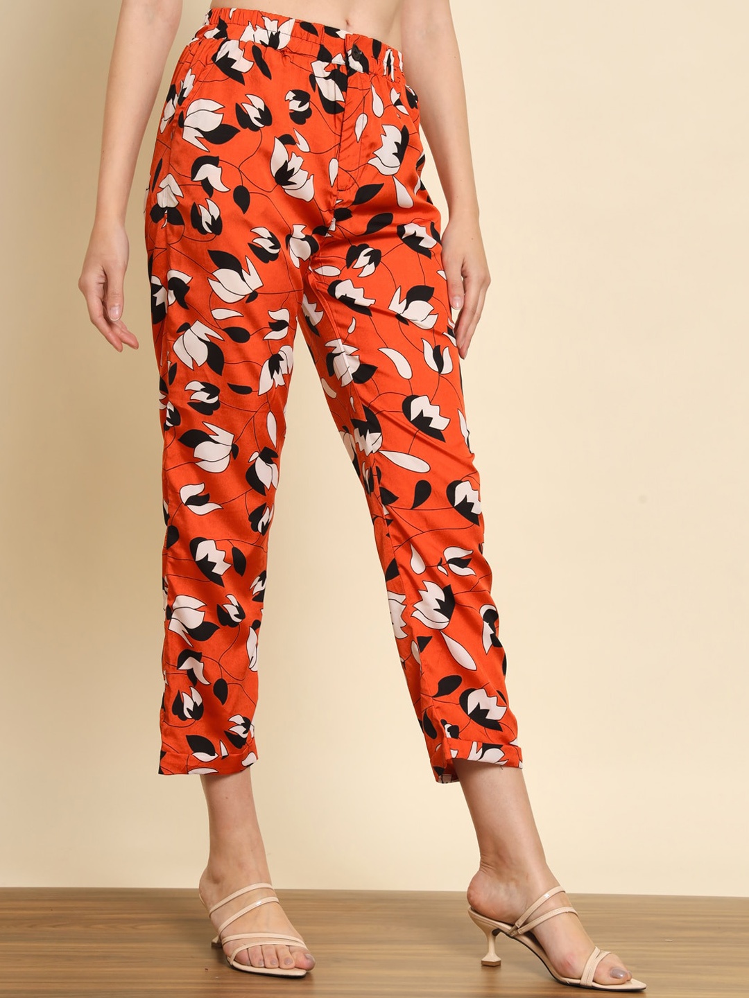

TANDUL Women Floral Printed Smart Trousers, Orange
