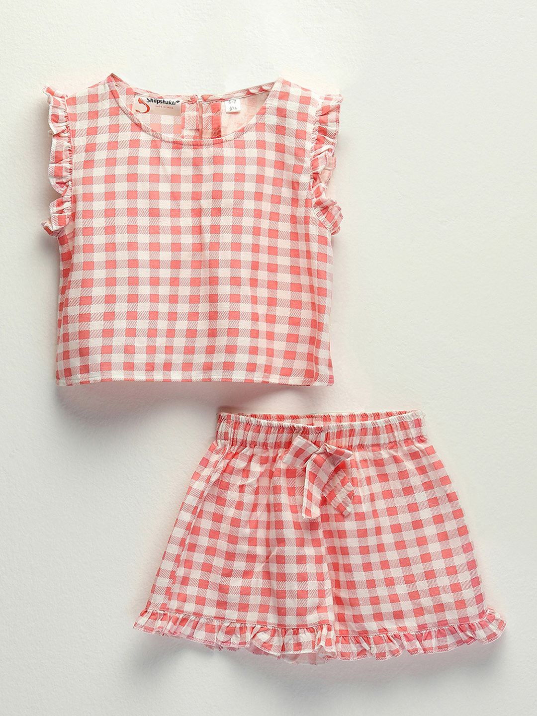 

ShilpShakti Girls Checked Flutter Sleeves Pure Cotton Top With Shorts, Red
