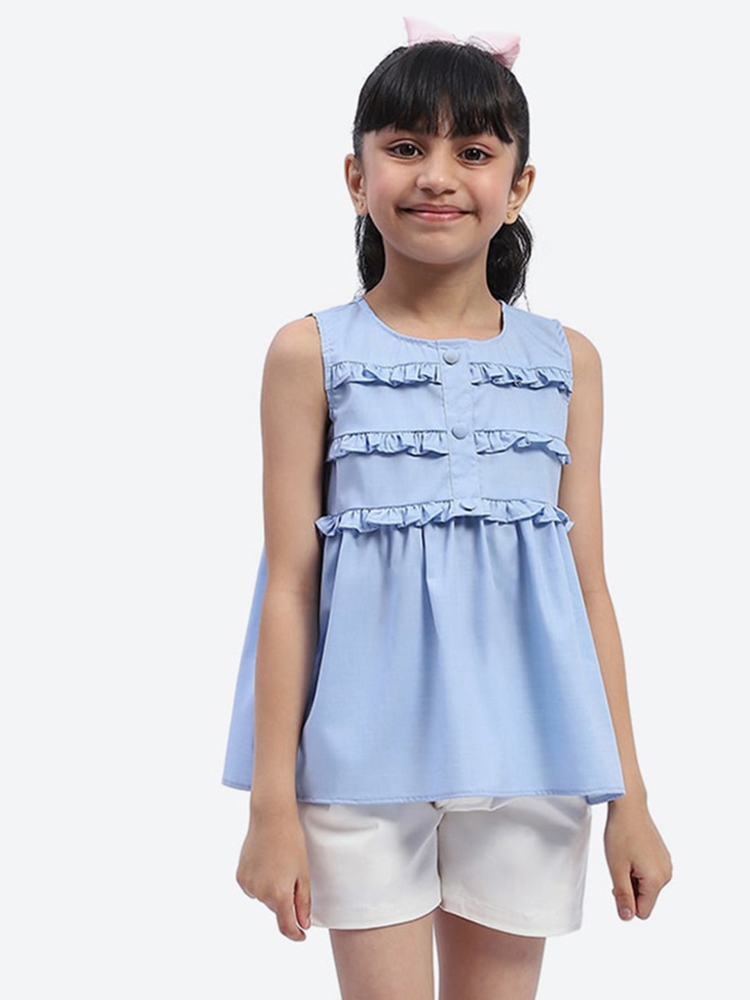 

ShilpShakti Round Neck Ruffle & Pleated Detailing Pure Cotton Casual Top With Shorts, Blue