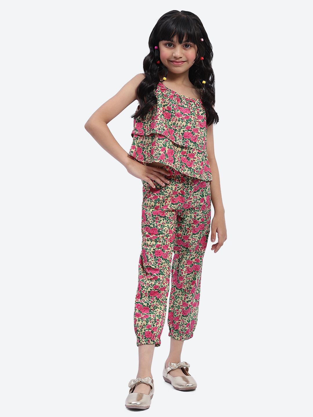 

ShilpShakti Girls Floral Print Shoulder Straps Ruffles Detailing Top With Trouser, Pink