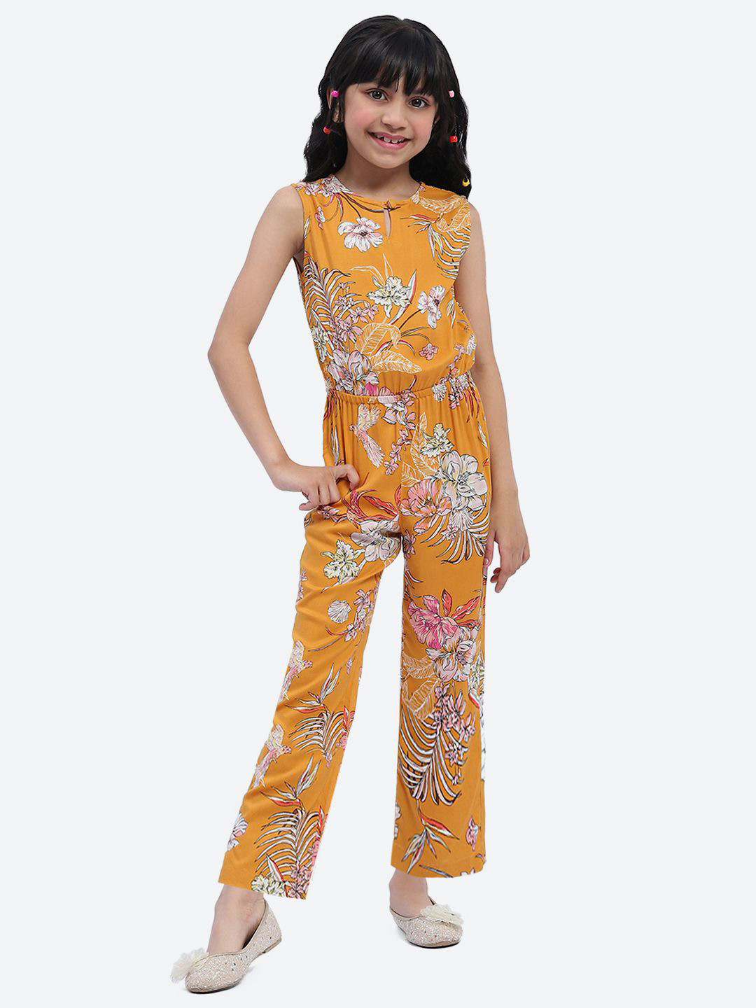 

ShilpShakti Girls Floral Printed Keyhole Neck Gathered Pure Cotton Basic Jumpsuit, Yellow