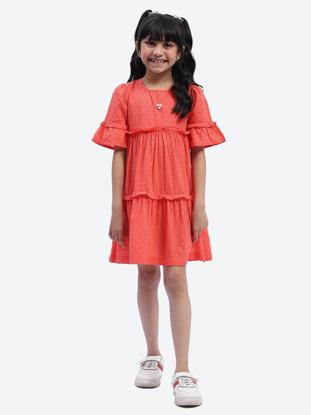 

ShilpShakti Girls Self Design Cotton Bell Sleeve A-Line Dress, Pink